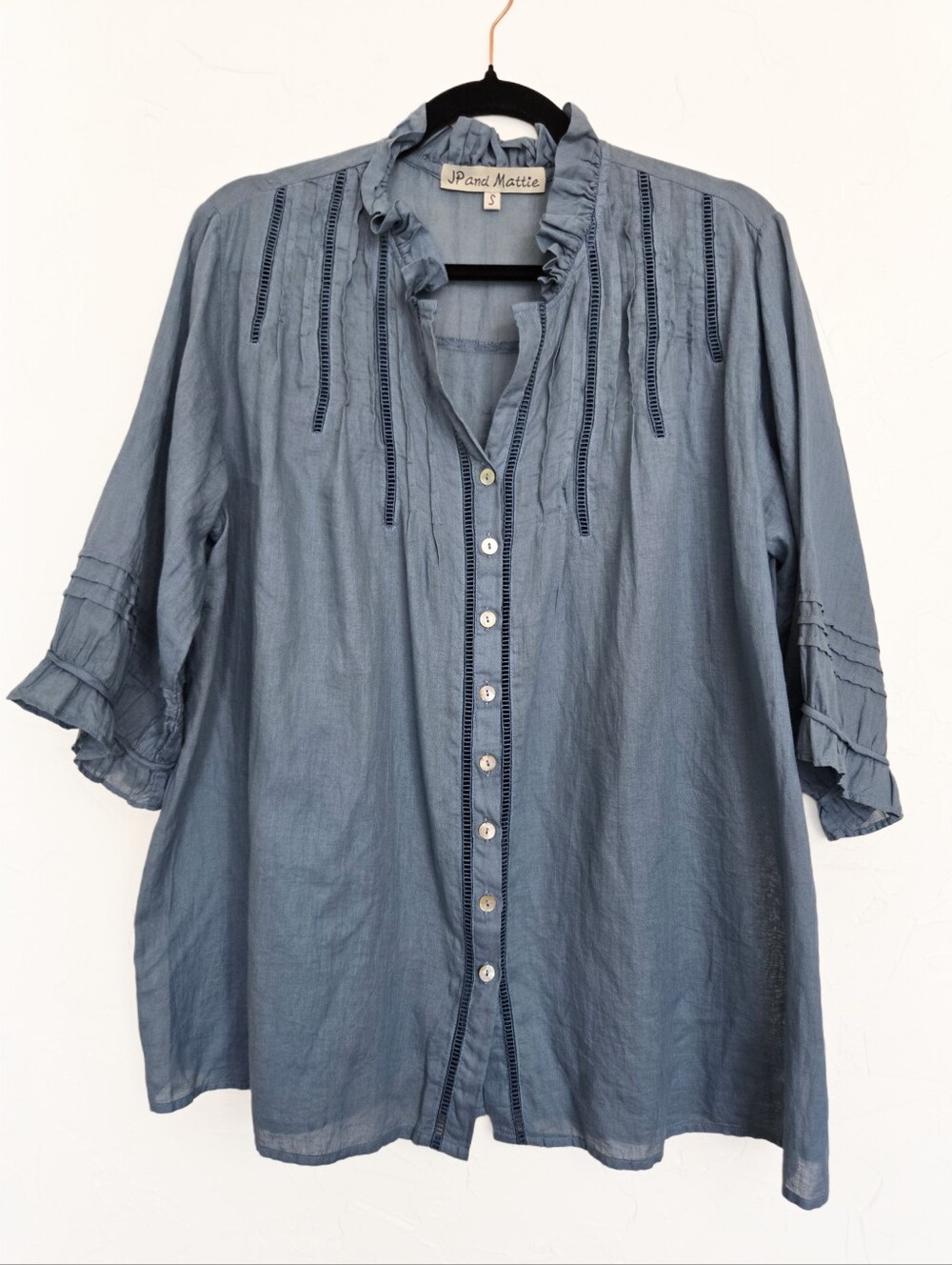 Sundance JP and Mattie Blue Crochet Detail Button Up Cotton Alessandra Top, S